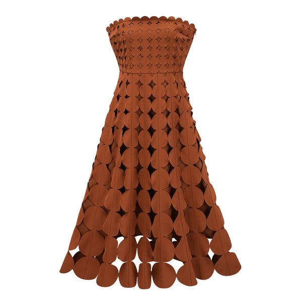 Daphné Brown Off Shoulder Scalloped Midi Dress