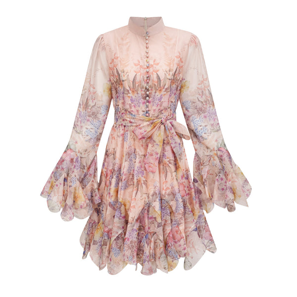 Aya Pink Godet Floral Mini Dress
