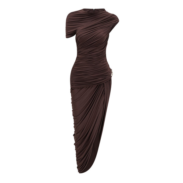 Prune Brown Night Out Asymmetrical Ruched Midi Dress