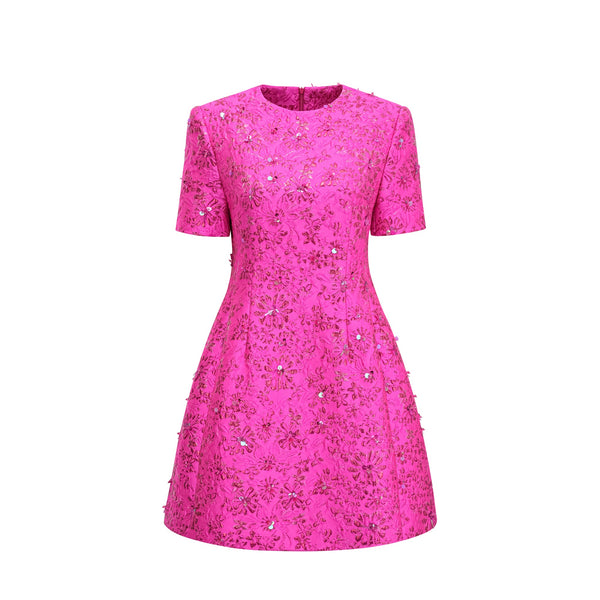 Celestia Floral-Appliqué Embellished Mini Dress in Pink (US Only)