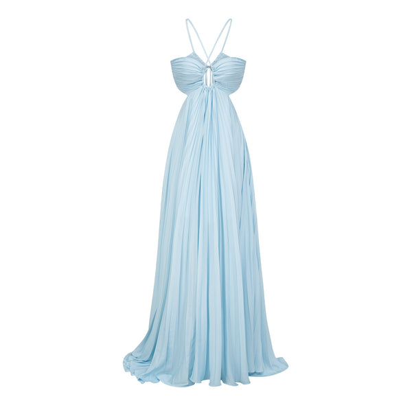 Andréa Blue Pleated Maxi Dress with Cutout Detail