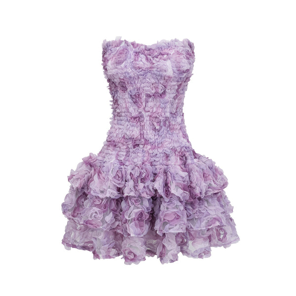 Mylène purple 3D-petal tiered tulle mini dress