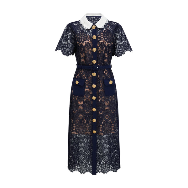 Ariane dark-blue floral crochet-lace midi dress