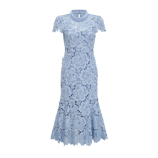 Aurore Blue Floral Appliqué Lace Midi Dress (US Only)