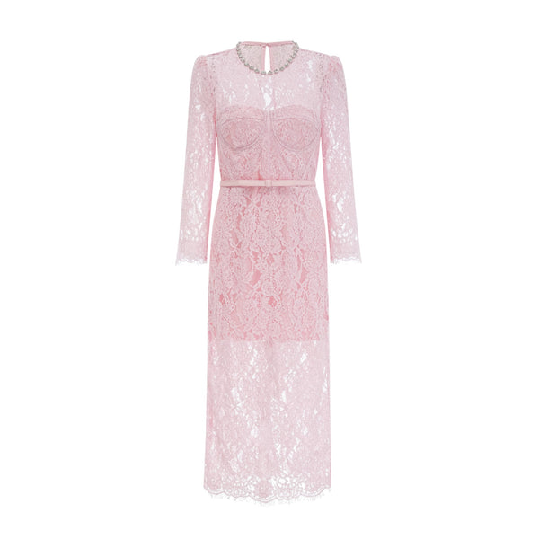 Elisabetta pink embellished floral-embroidered lace midi dress
