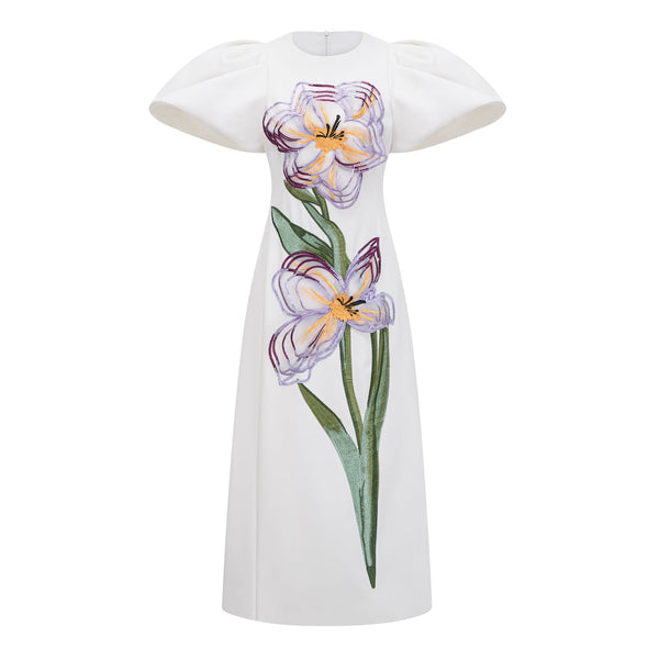 Irène White Sequin Floral Embroidered Midi Dress