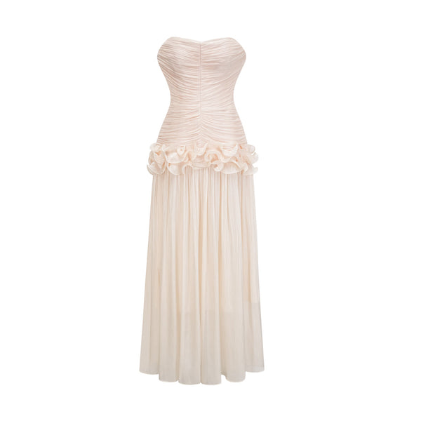 Céleste neutrals ruffled pleated maxi dress