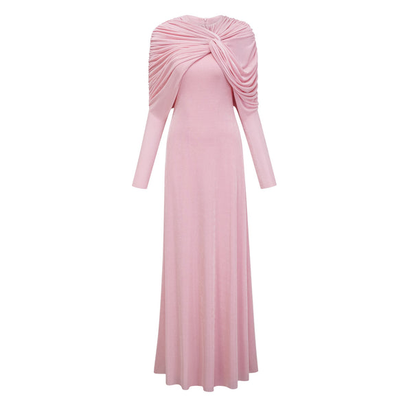 Moderne Pink Shawl Panel Ruched Maxi Dress