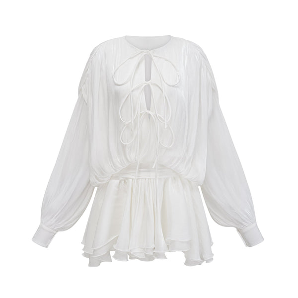 Mahault white pleated glitter-effect mini dress