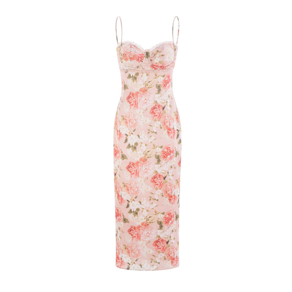 Yvette pink floral-print satin maxi dress (US Only)