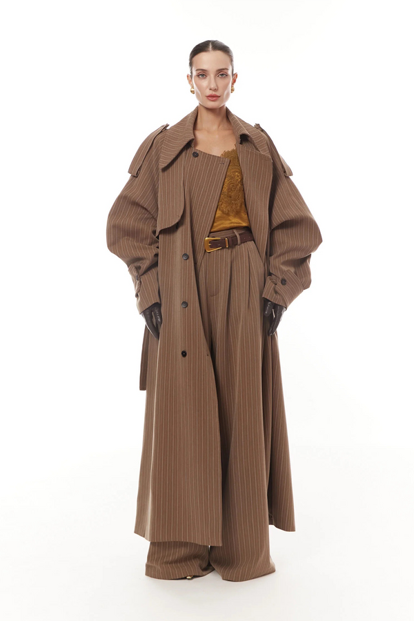 Clémence Brown Striped Trench Coat & Trousers Set