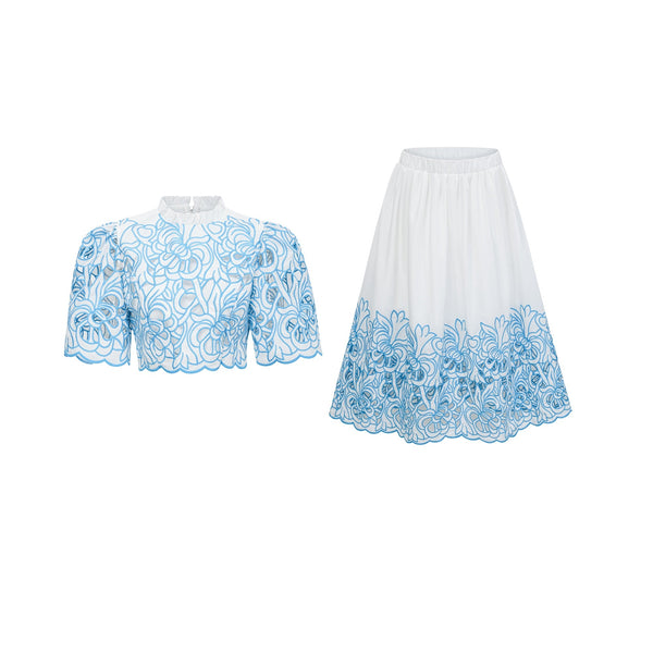 Aurore blue cut-out embroidered top & skirt matching set