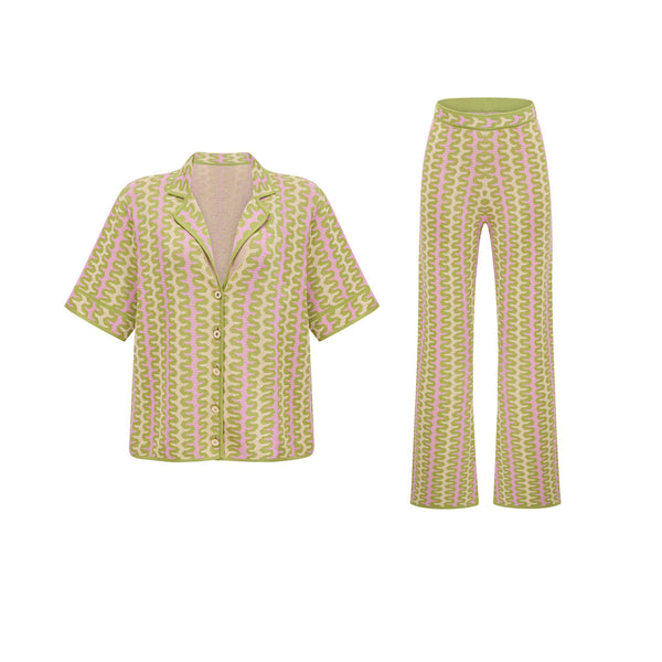 Ophélie green color-block knitted shirt & trousers matching set