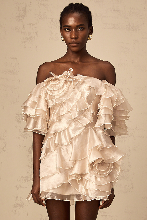 Cerise asymmetrical flounce mini dress in Neutrals