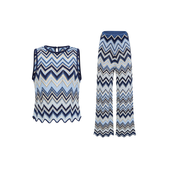 Irina blue zigzag-woven pointelle-knit top & trousers matching set