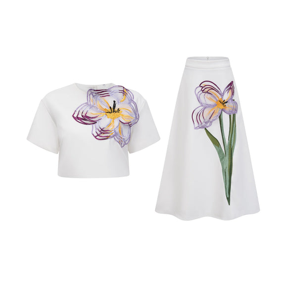 Irène White Sequin Floral Embroidered Matching Set