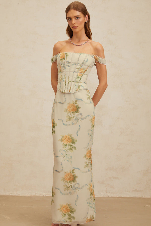 Béryl Soft-Blue Floral Print Fitted Maxi Dress