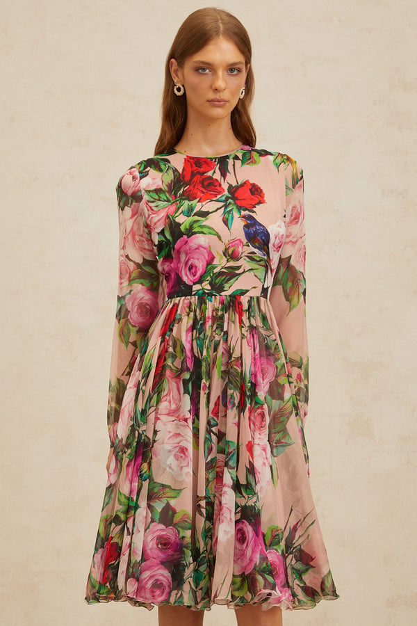 Coralie Pink Rose Print Summer Silk Midi Dress