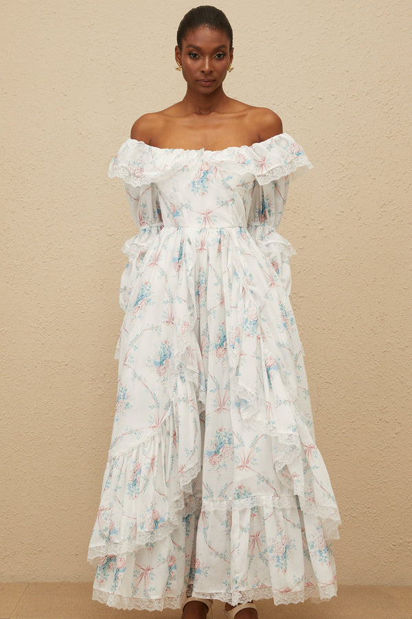 Maxanne White Ruffled Floral Print Maxi Dress