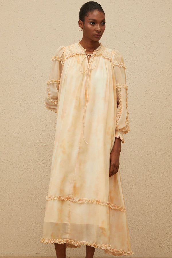 Lecollet Beige Ruffled Tie-Dye Midi Dress (US Only)