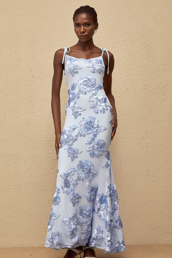 Énigme Blue Jacquard Floral Maxi Dress