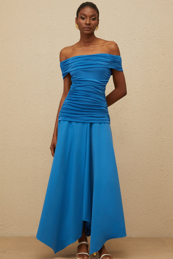 Amélie Blue Off-Shoulder Ruched Maxi Dress