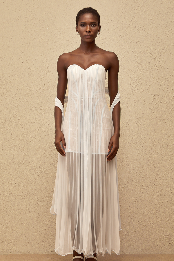 Monique Light Blue Pleated Mesh Maxi Dress