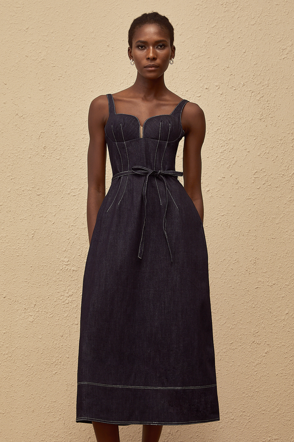 Éclat Indigo Blue Denim Midi Dress
