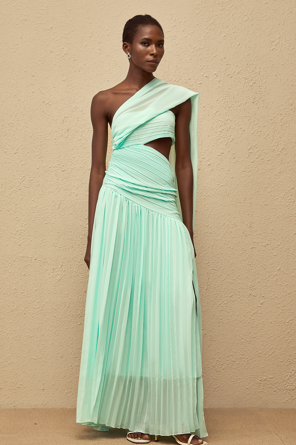 Katerina Mint Green Asymmetrical Pleated Maxi Dress
