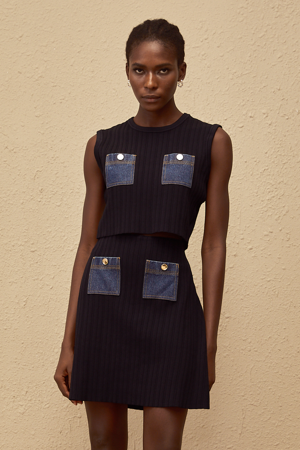 Cleopatra Blue Denim Panel Ribbed Knit Matching Set