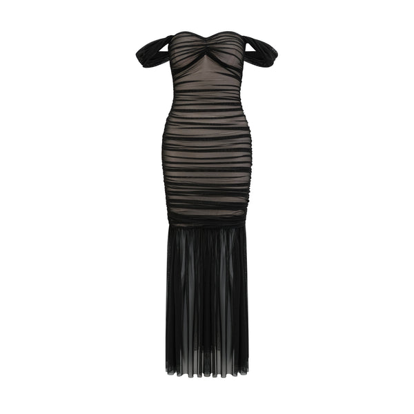 Safiya black fishtail draped maxi dress