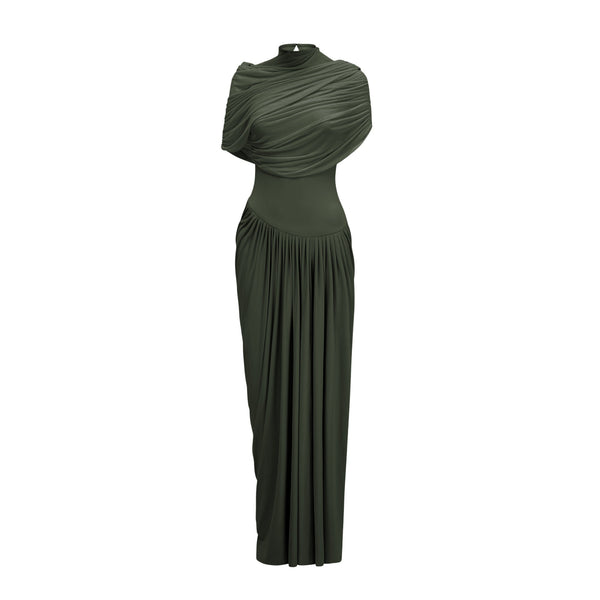 Catherine asymmetrical pleated maxi dress in Green