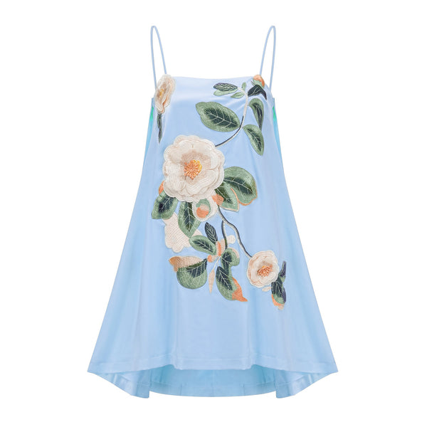 Avril Blue Floral Embroidered Satin Mini Dress