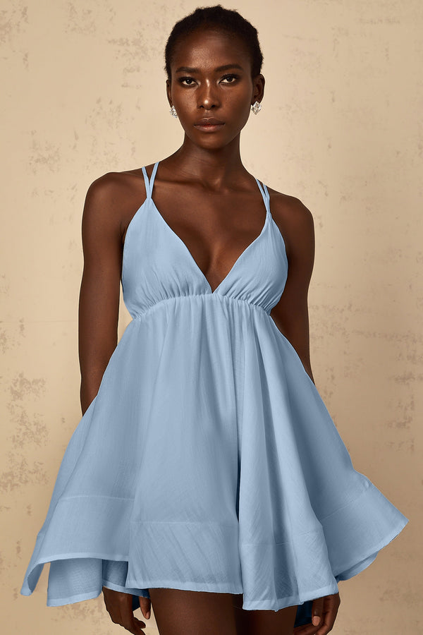 Quincie Blue Shirred Flounced Mini Dress