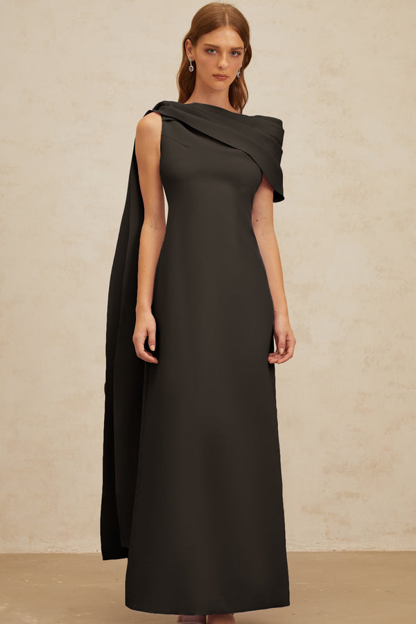 Annabelle Black Cape-Design Ribbon Maxi Dress