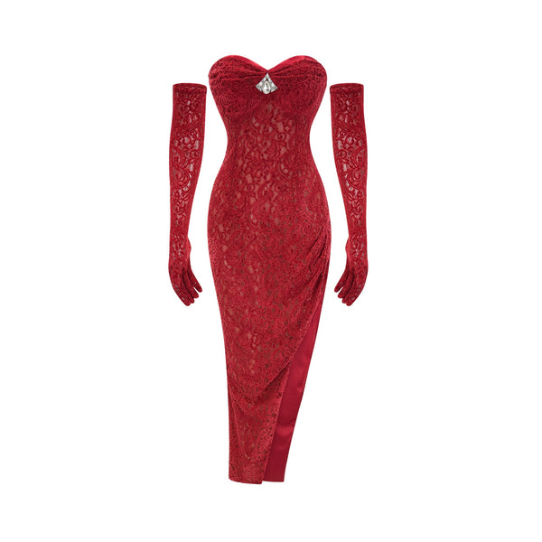 Belle red embellished midi dress (with gloves) (US Only)