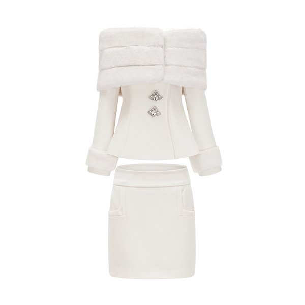 Caitlin white faux-fur jacket & skirt matching set
