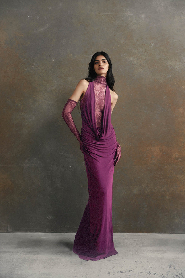 Borbála Magenta Lace Bodice Ruched Maxi Dress