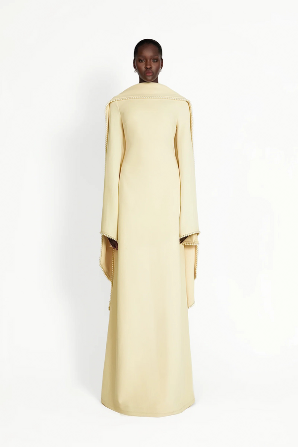 Piroska Yellow Pearl Trim Shawl Detail Maxi Dress