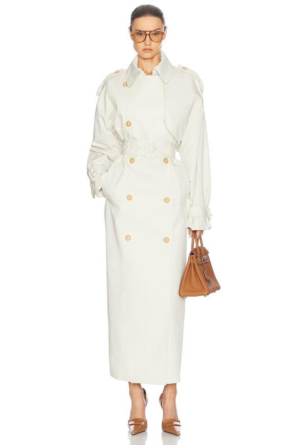 Bruyère White Double-Breasted Long Trench Coat