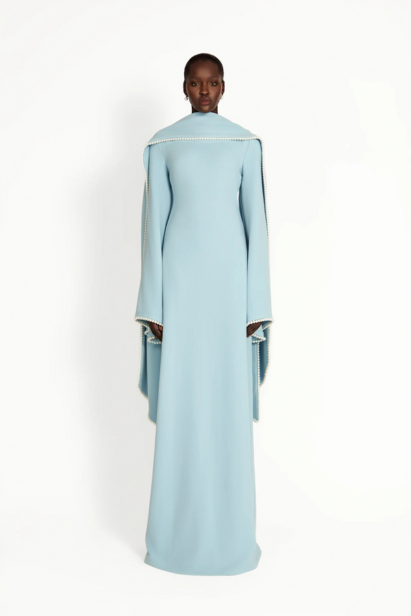 Piroska Blue Pearl Trim Shawl Detail Maxi Dress