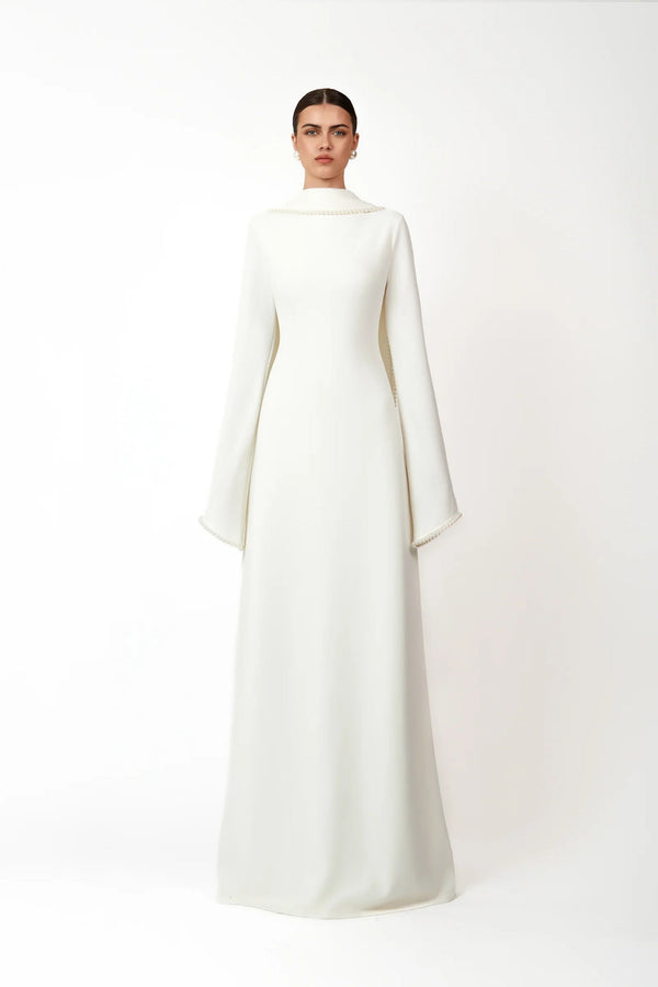 Piroska White Pearl Trim Shawl Detail Maxi Dress
