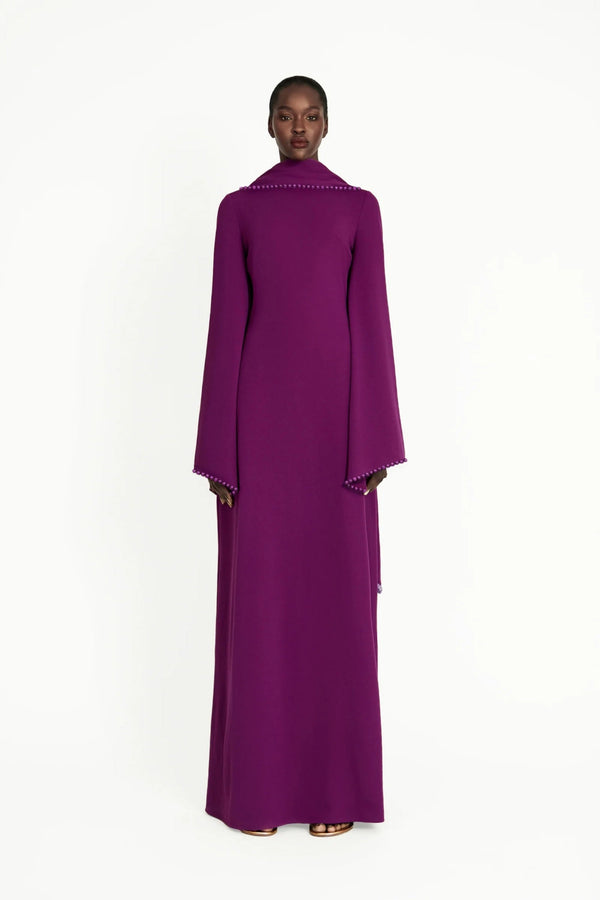 Piroska Purple Pearl Trim Shawl Detail Maxi Dress