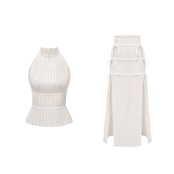Milisent open-back pleated top & skirt matching set