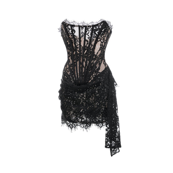 Kylitha black lace ribbon mini dress