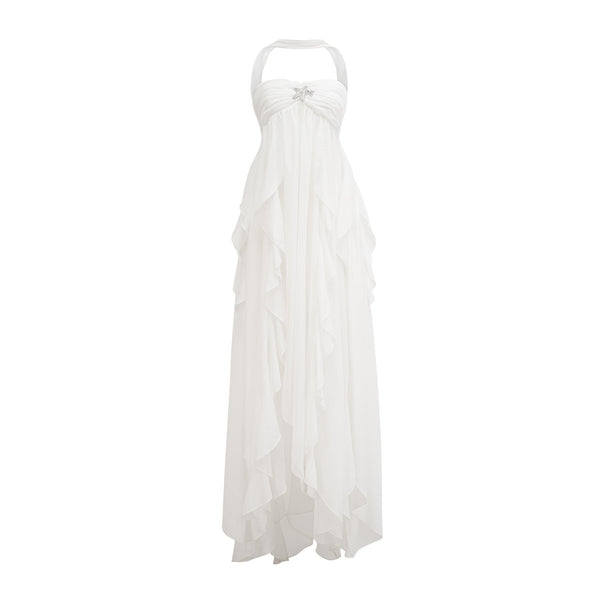 Mariah White Chiffon Ruffle Halterneck Maxi Dress