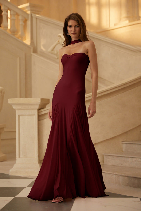 Rêverie Wine Red Sweetheart Neck Maxi Dress