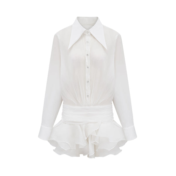 Renée white ruffled mini shirt dress